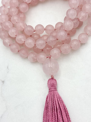 rose quartz gemstone mala with rose quartz guru bead and pink tasssel | radiant malas | handmade in boulder, colorado