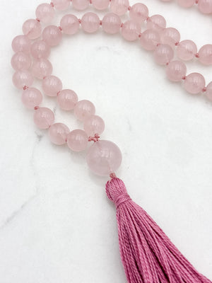 rose quartz gemstone mala with rose quartz guru bead and pink tasssel | radiant malas | handmade in boulder, colorado
