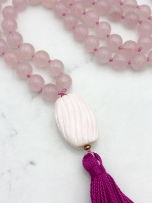 rose quartz gemstone mala with shell guru bead and pink tassel | radiant malas | handmade in boulder, colorado