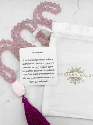 rose quartz gemstone mala with shell guru bead and pink tassel | radiant malas | handmade in boulder, colorado