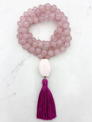 rose quartz gemstone mala with shell guru bead and pink tassel | radiant malas | handmade in boulder, colorado