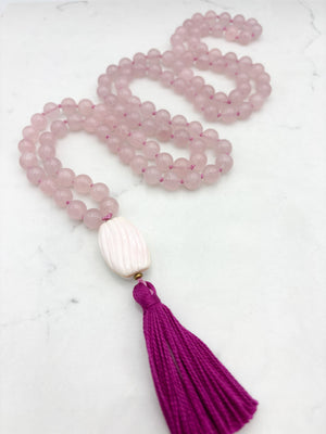 rose quartz gemstone mala with shell guru bead and pink tassel | radiant malas | handmade in boulder, colorado