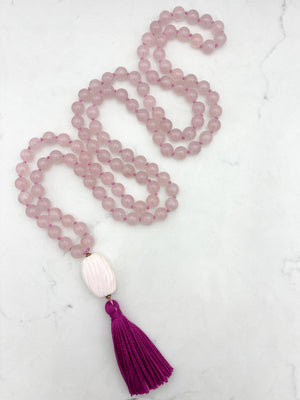 rose quartz gemstone mala with shell guru bead and pink tassel | radiant malas | handmade in boulder, colorado