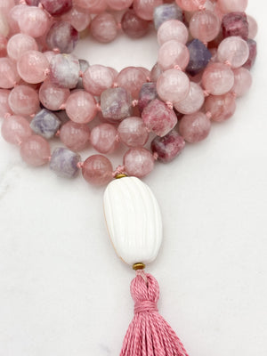 Rose Quartz with Tourmaline Gemstone Mala
