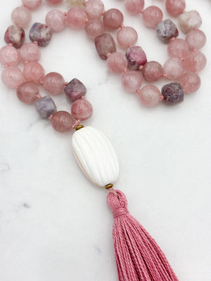 Rose Quartz with Tourmaline Gemstone Mala