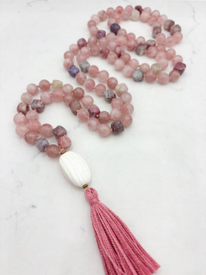 Rose Quartz with Tourmaline Gemstone Mala