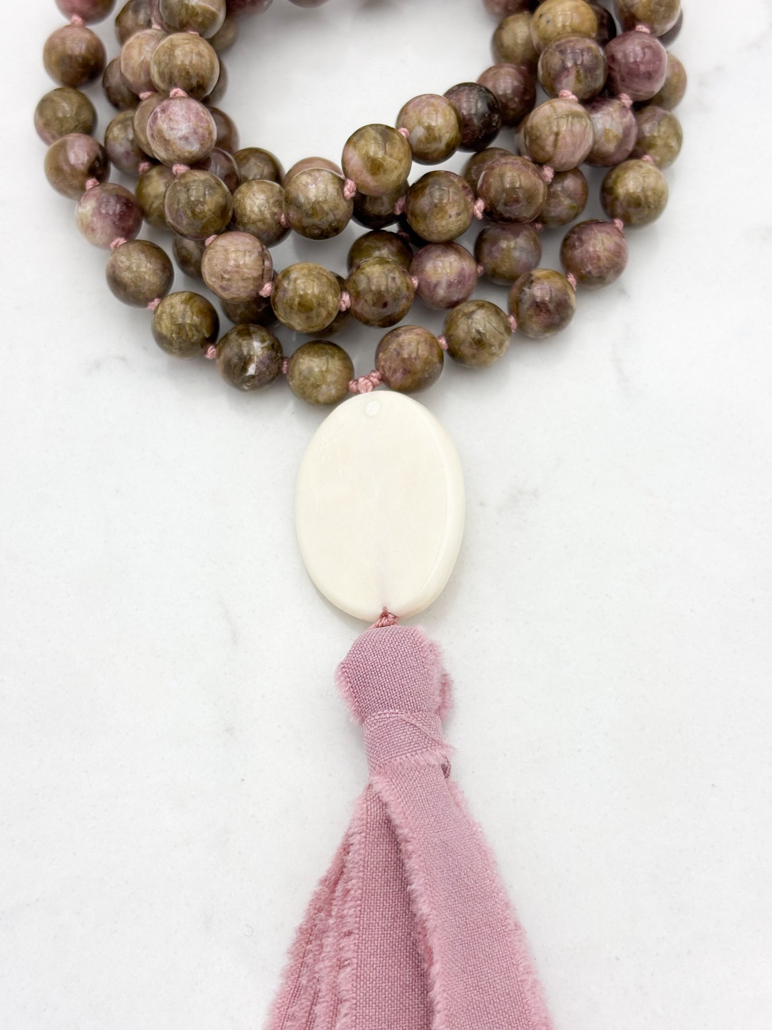 rosebud cat's eye tourmaline gemstone mala necklace with oval bone guru bead and silk tassel | radiant malas | handmade in boulder, colorado