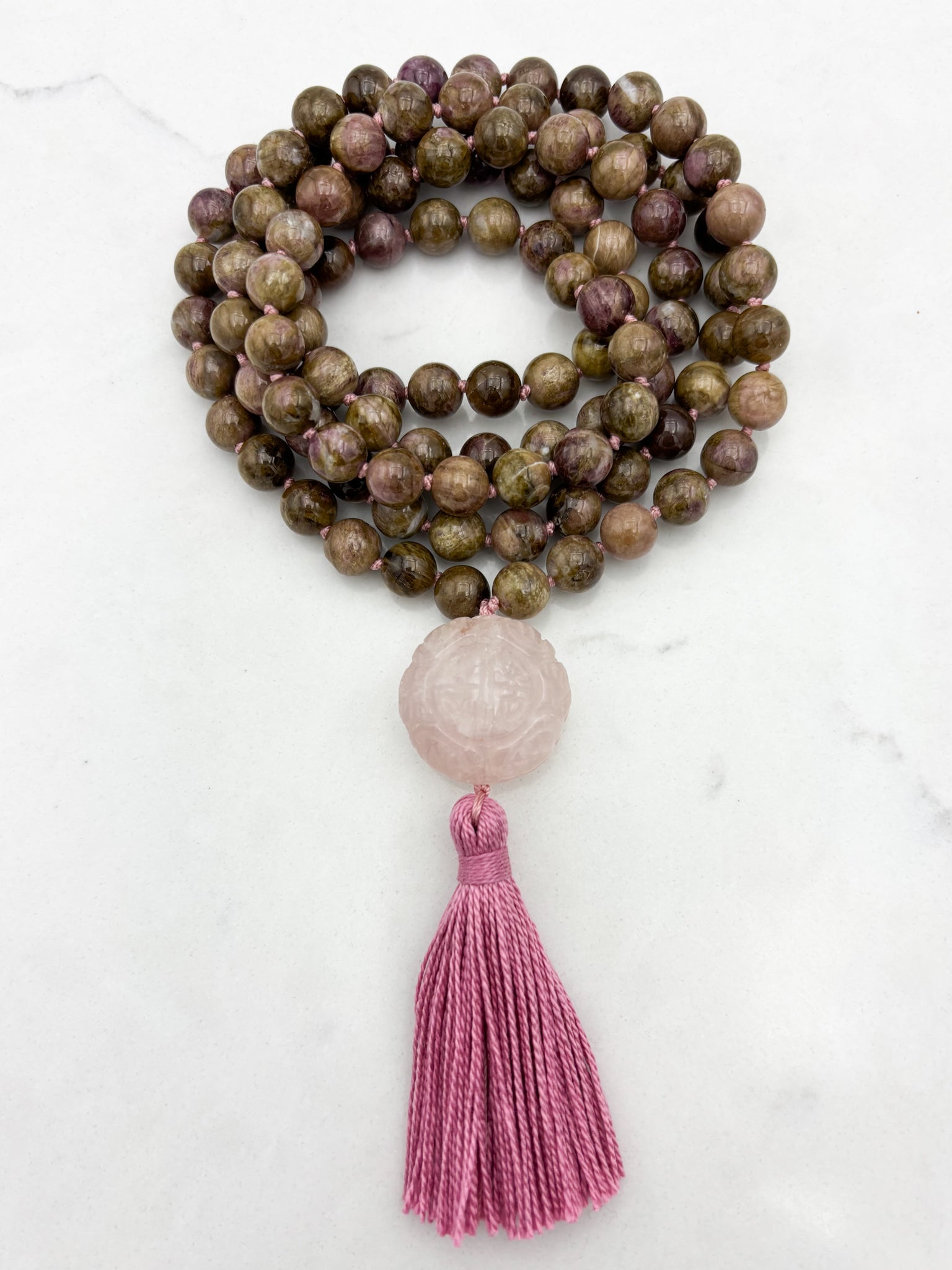 rosebud cat's eye tourmaline gemstone mala necklace | radiant malas | handmade in boulder, colorado