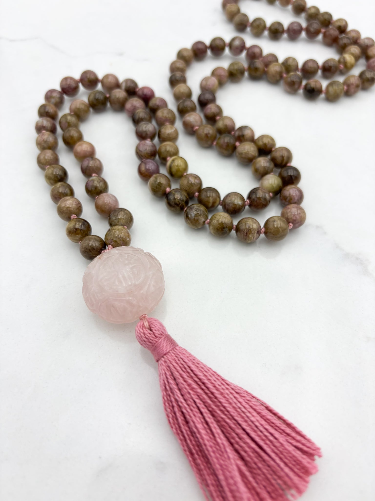 rosebud cat's eye tourmaline gemstone mala necklace | radiant malas | handmade in boulder, colorado