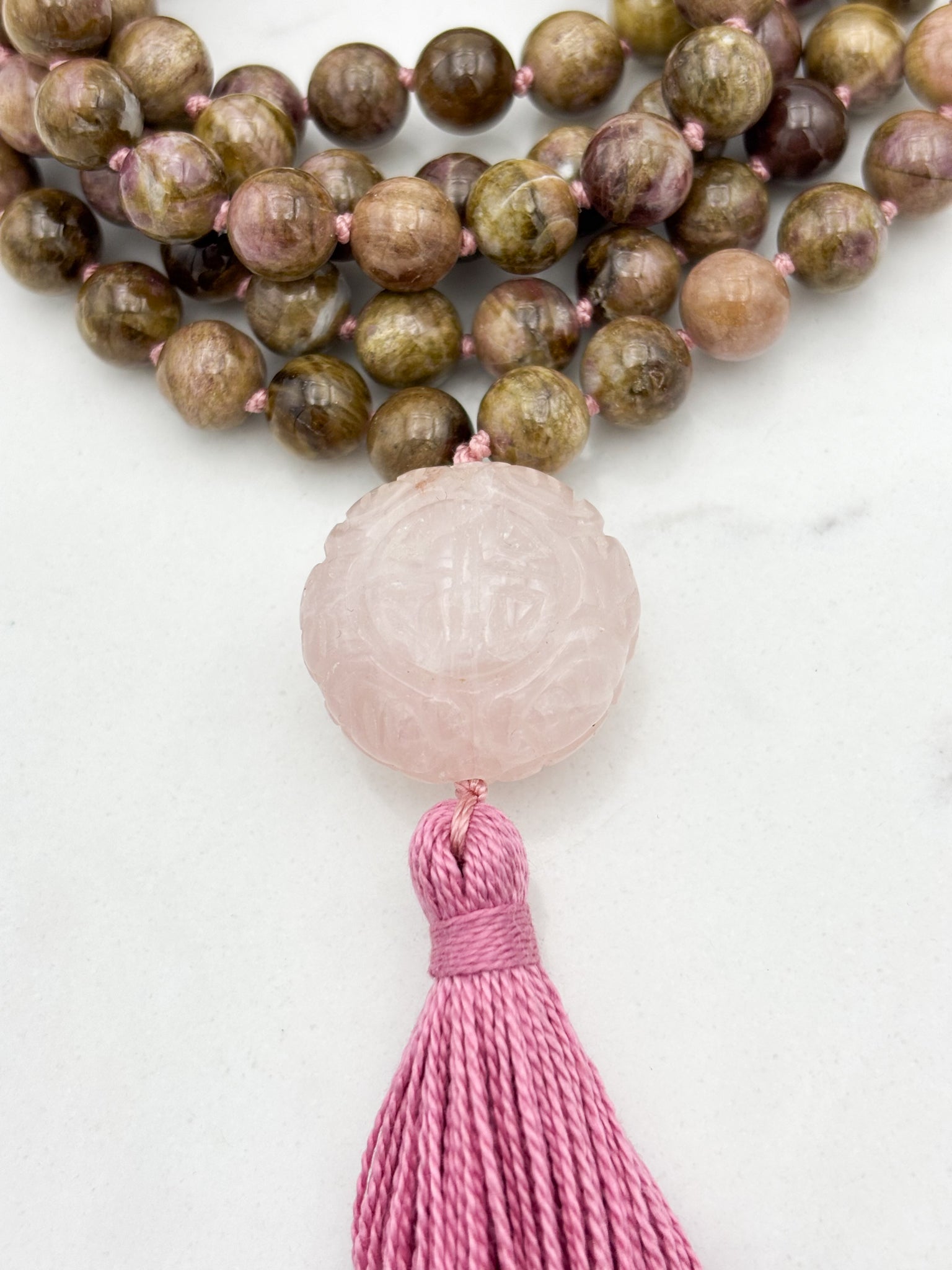 rosebud cat's eye tourmaline gemstone mala necklace | radiant malas | handmade in boulder, colorado