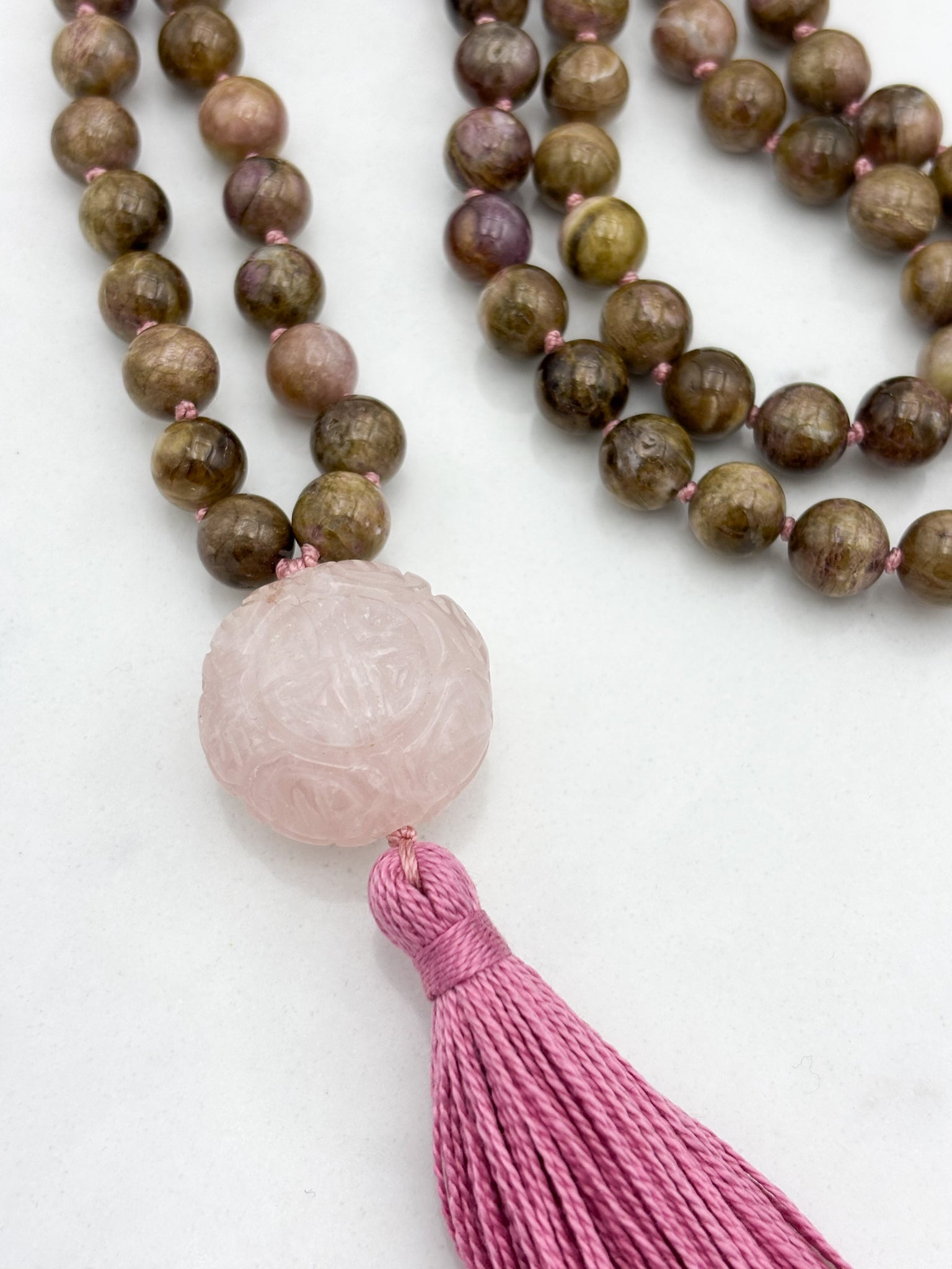 rosebud cat's eye tourmaline gemstone mala necklace | radiant malas | handmade in boulder, colorado