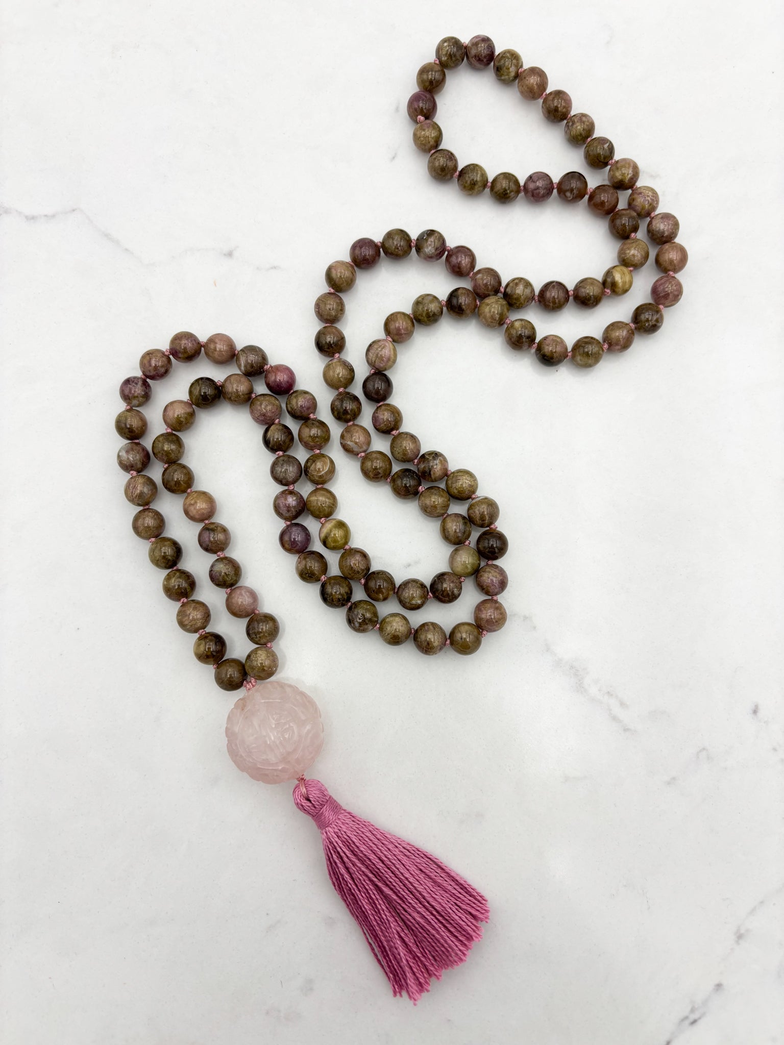 rosebud cat's eye tourmaline gemstone mala necklace | radiant malas | handmade in boulder, colorado