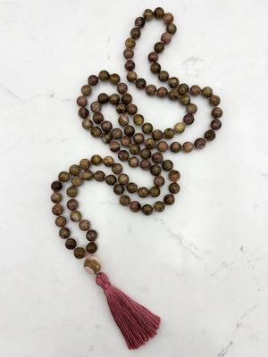 rosebud cat's eye tourmaline gemstone mala necklace with rhodochrosite guru bead and rose colored tassel | radiant malas | handmade in boulder, colorado