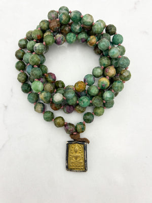 ruby fuchsite gemstone mala with brass buddha pendant | radiant malas | handmade in boulder, colorado