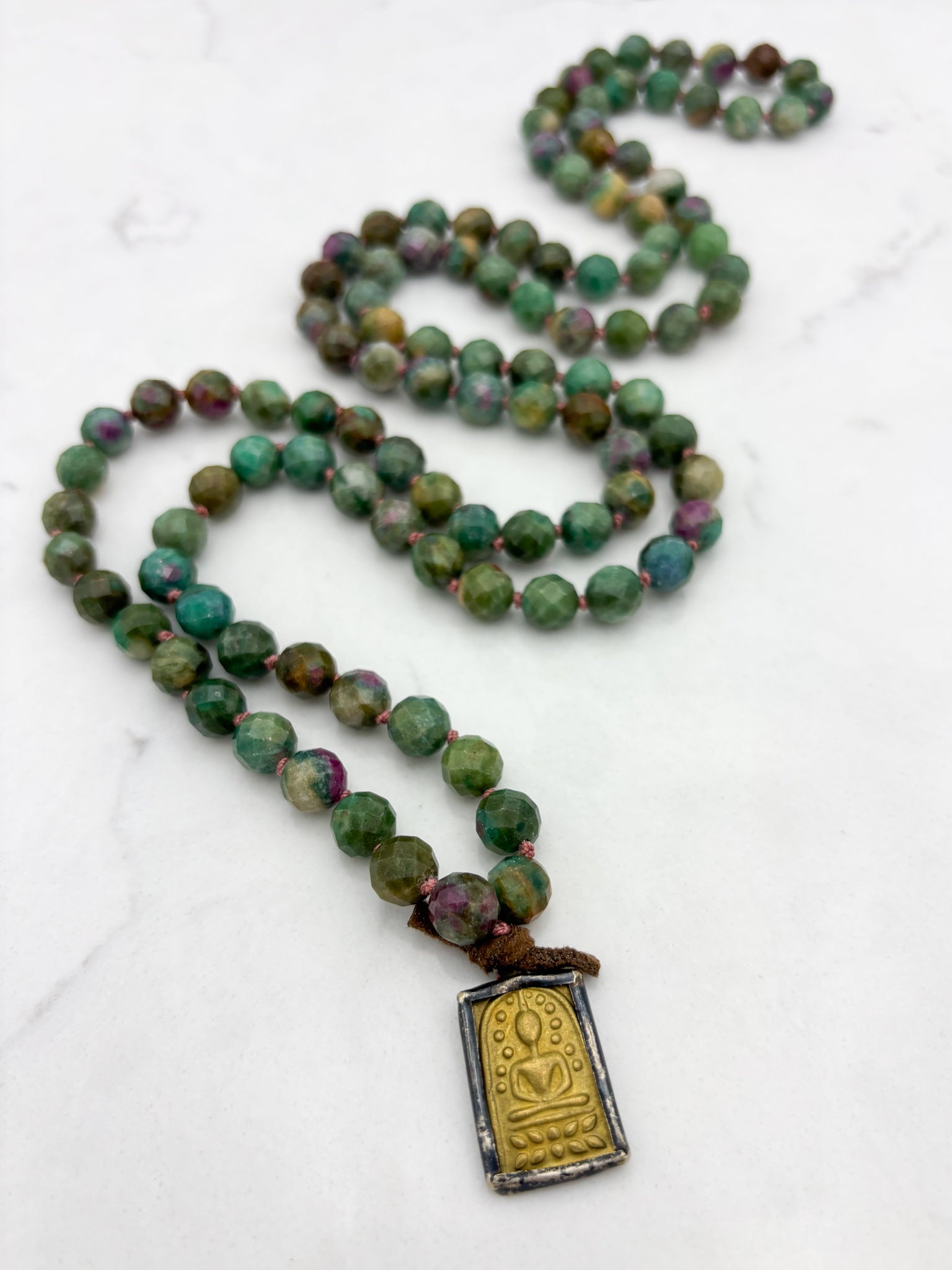 ruby fuchsite gemstone mala with brass buddha pendant | radiant malas | handmade in boulder, colorado