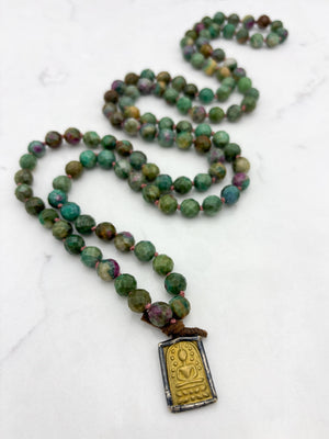 ruby fuchsite gemstone mala with brass buddha pendant | radiant malas | handmade in boulder, colorado