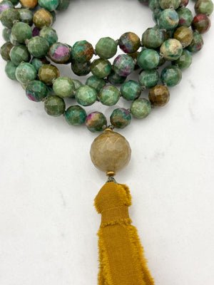 ruby fuchsite gemstone mala with lodalite guru bead and mustard colored silk tassel | radiant malas | handmade in boulder, colorado