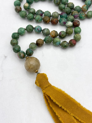 ruby fuchsite gemstone mala with lodalite guru bead and mustard colored silk tassel | radiant malas | handmade in boulder, colorado