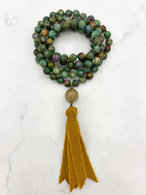 ruby fuchsite gemstone mala with lodalite guru bead and mustard colored silk tassel | radiant malas | handmade in boulder, colorado