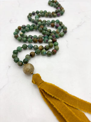 ruby fuchsite gemstone mala with lodalite guru bead and mustard colored silk tassel | radiant malas | handmade in boulder, colorado
