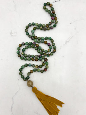 ruby fuchsite gemstone mala with lodalite guru bead and mustard colored silk tassel | radiant malas | handmade in boulder, colorado