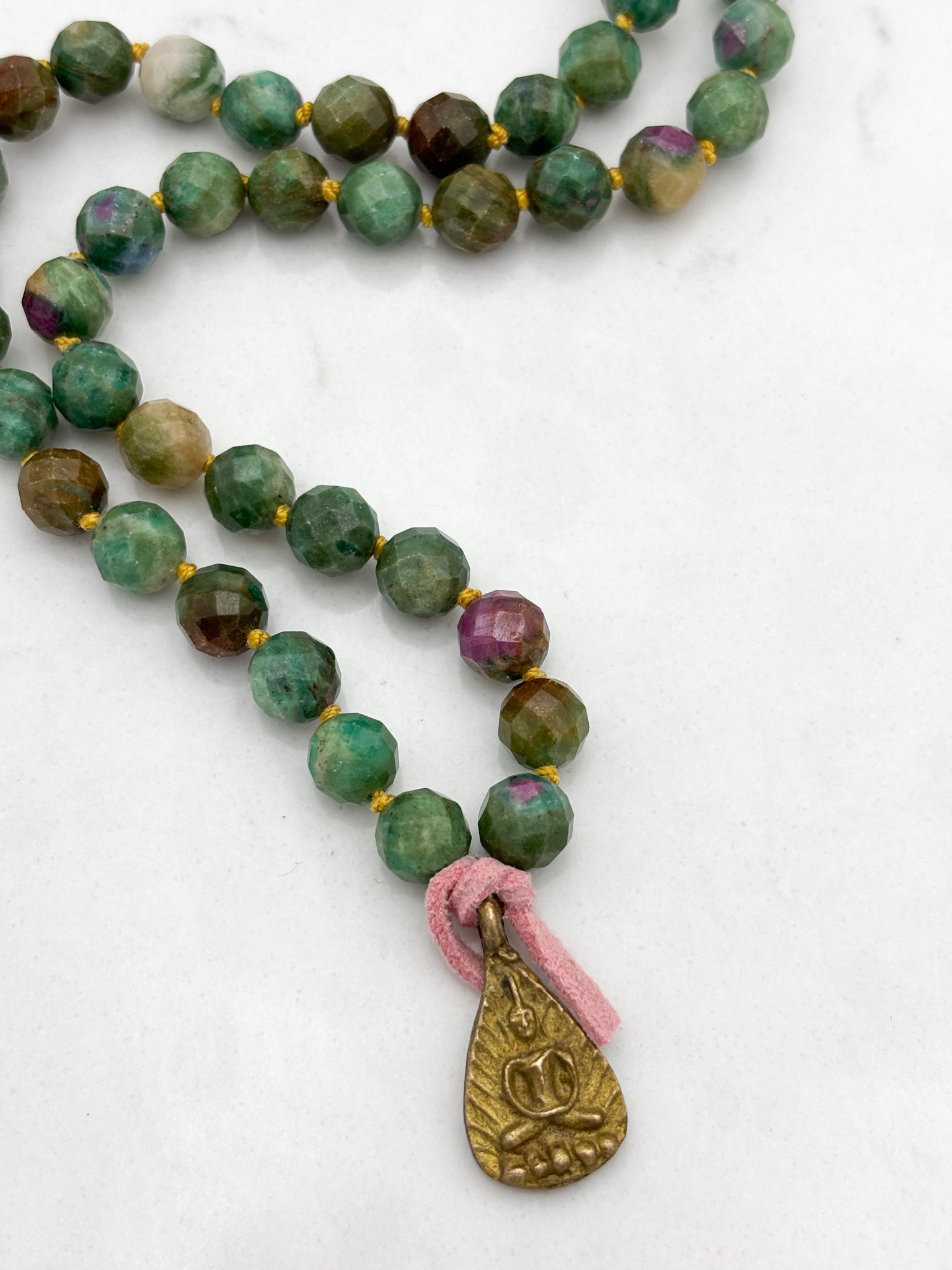 ruby fuchsite gemstone mala with brass buddha pendant | radiant malas | handmade in boulder, colorado