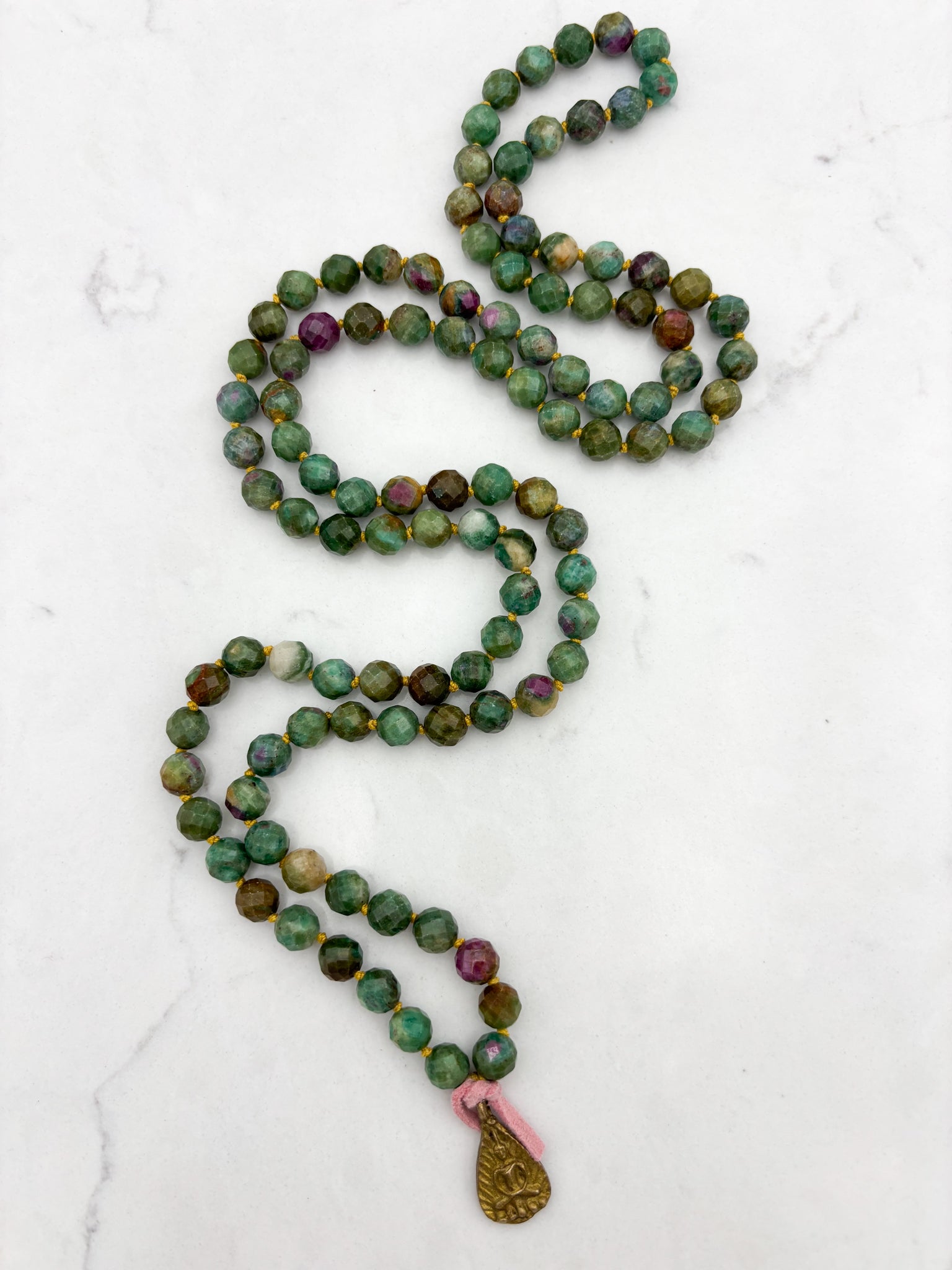 ruby fuchsite gemstone mala with brass buddha pendant | radiant malas | handmade in boulder, colorado