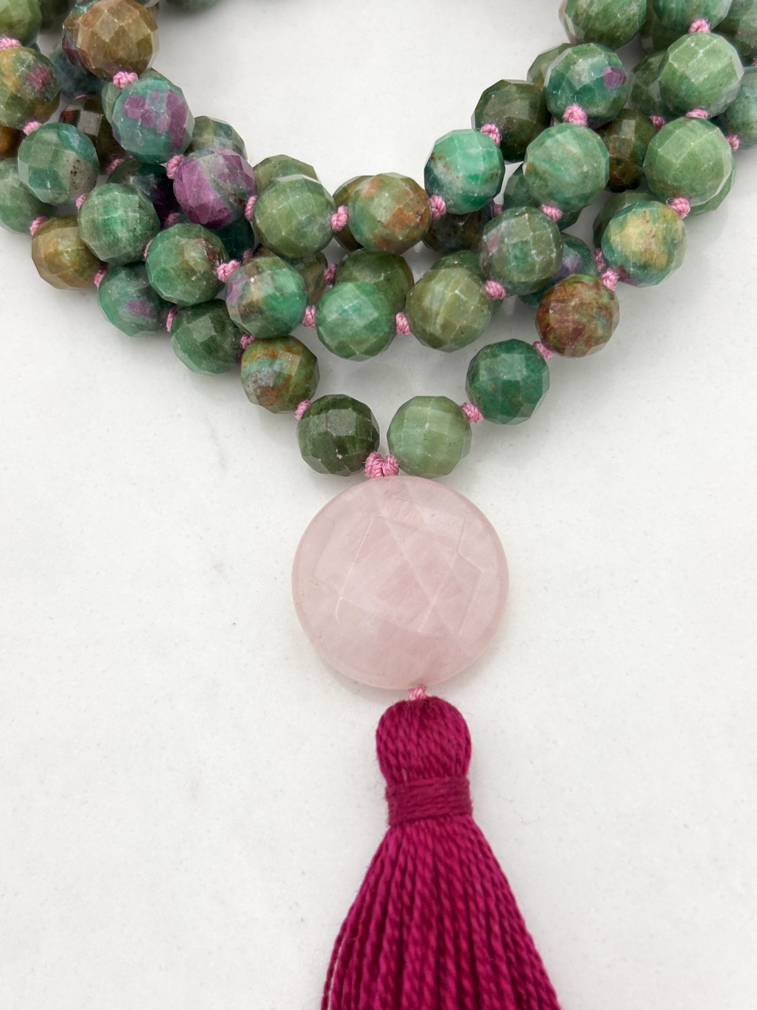 ruby fuchsite gemstone mala with rose quartz guru bead and pink tassel | radiant malas | handmade in boulder, colorado