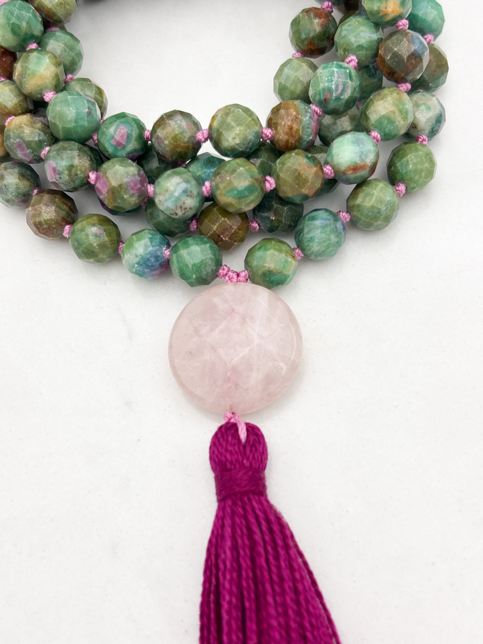 ruby fuchsite gemstone mala with rose quartz guru bead and pink tassel | radiant malas | handmade in boulder, colorado