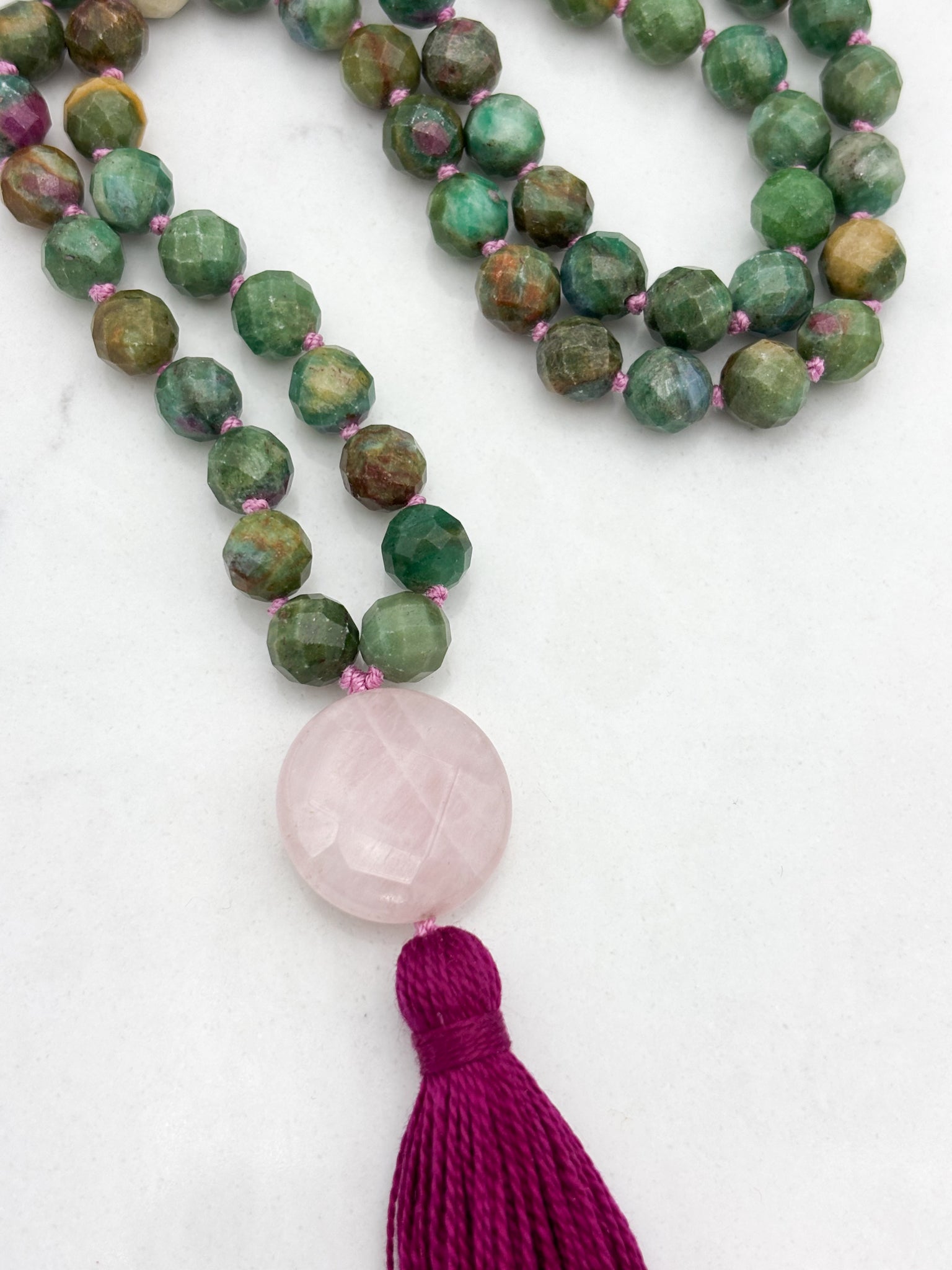 ruby fuchsite gemstone mala with rose quartz guru bead and pink tassel | radiant malas | handmade in boulder, colorado