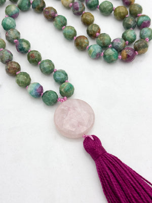ruby fuchsite gemstone mala with rose quartz guru bead and pink tassel | radiant malas | handmade in boulder, colorado
