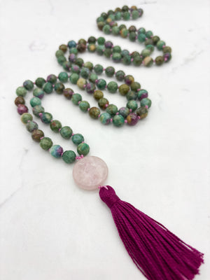 ruby fuchsite gemstone mala with rose quartz guru bead and pink tassel | radiant malas | handmade in boulder, colorado
