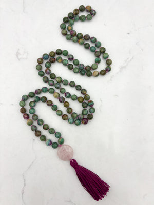 ruby fuchsite gemstone mala with rose quartz guru bead and pink tassel | radiant malas | handmade in boulder, colorado
