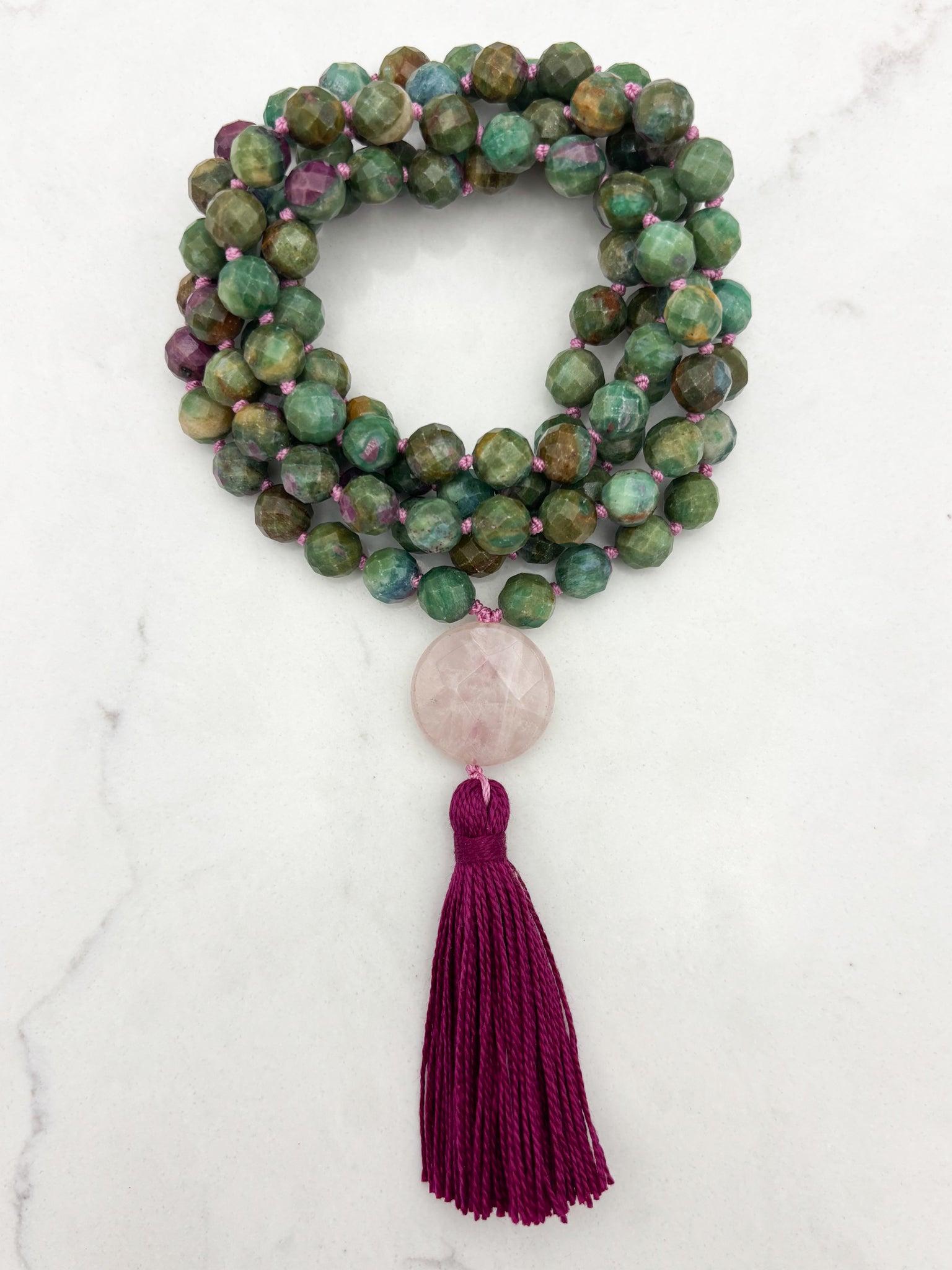 ruby fuchsite gemstone mala with rose quartz guru bead and pink tassel | radiant malas | handmade in boulder, colorado