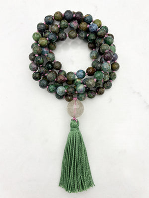 ruby fuchsite kyanite gemstone mala with kunzite guru bead | radiant malas | handmade in boulder, colorado