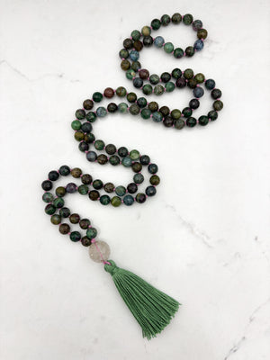 ruby fuchsite kyanite gemstone mala with kunzite guru bead | radiant malas | handmade in boulder, colorado