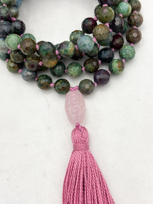 ruby kyanite-fucshite gemstone mala with rose quartz guru bead and bright pink tassel | radiant malas | handmade in boulder, colorado