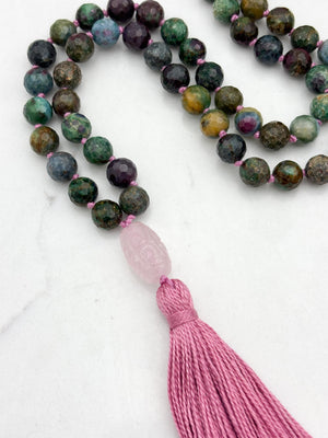 ruby kyanite-fucshite gemstone mala with rose quartz guru bead and bright pink tassel | radiant malas | handmade in boulder, colorado