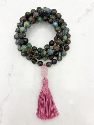 ruby kyanite-fucshite gemstone mala with rose quartz guru bead and bright pink tassel | radiant malas | handmade in boulder, colorado