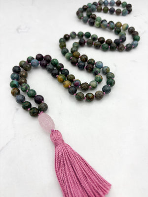 ruby kyanite-fucshite gemstone mala with rose quartz guru bead and bright pink tassel | radiant malas | handmade in boulder, colorado