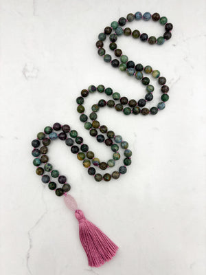 ruby kyanite-fucshite gemstone mala with rose quartz guru bead and bright pink tassel | radiant malas | handmade in boulder, colorado