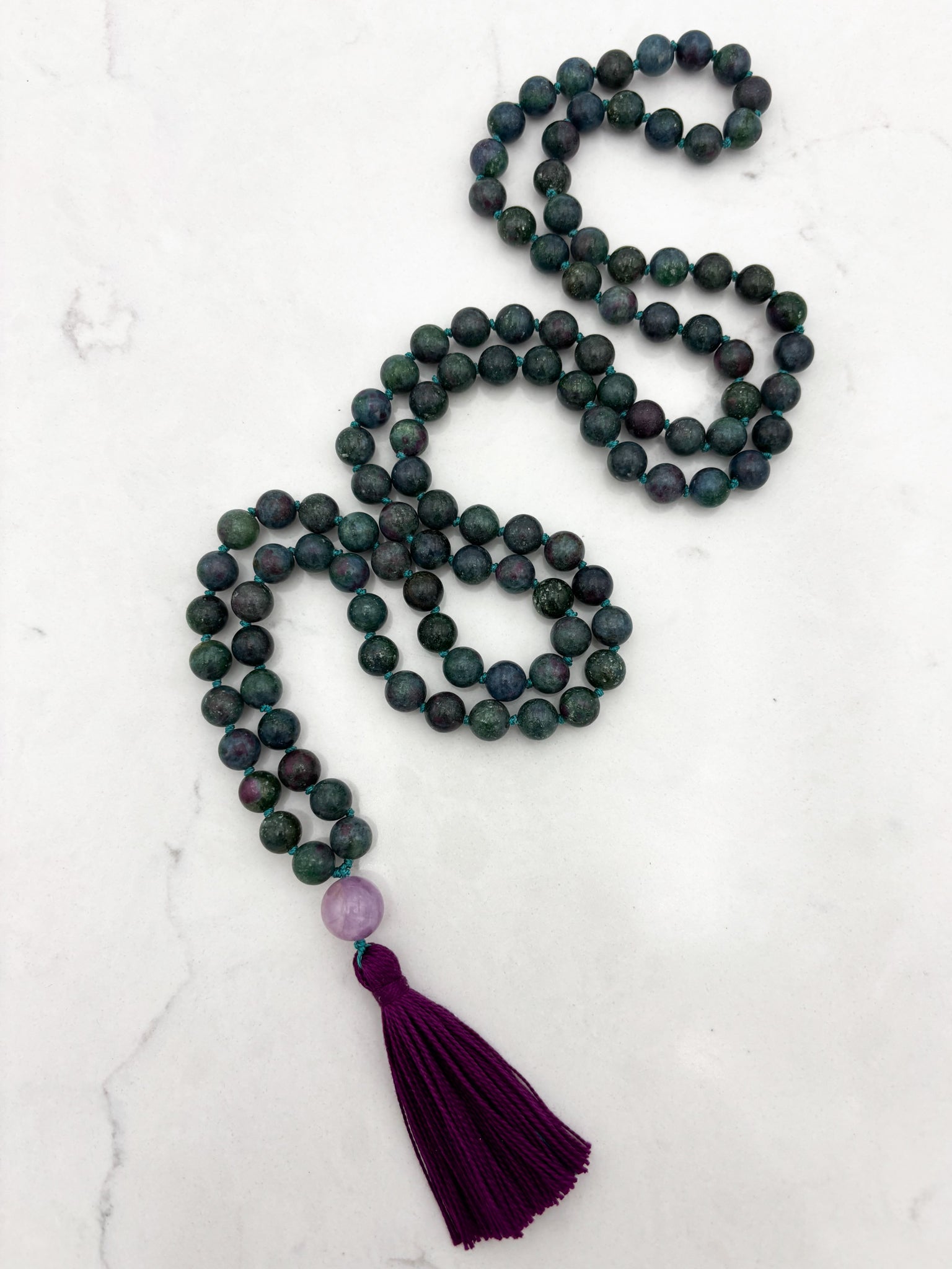ruby kyanite gemstone mala with kunzite guru bead | radiant malas | handmade in boulder, colorado