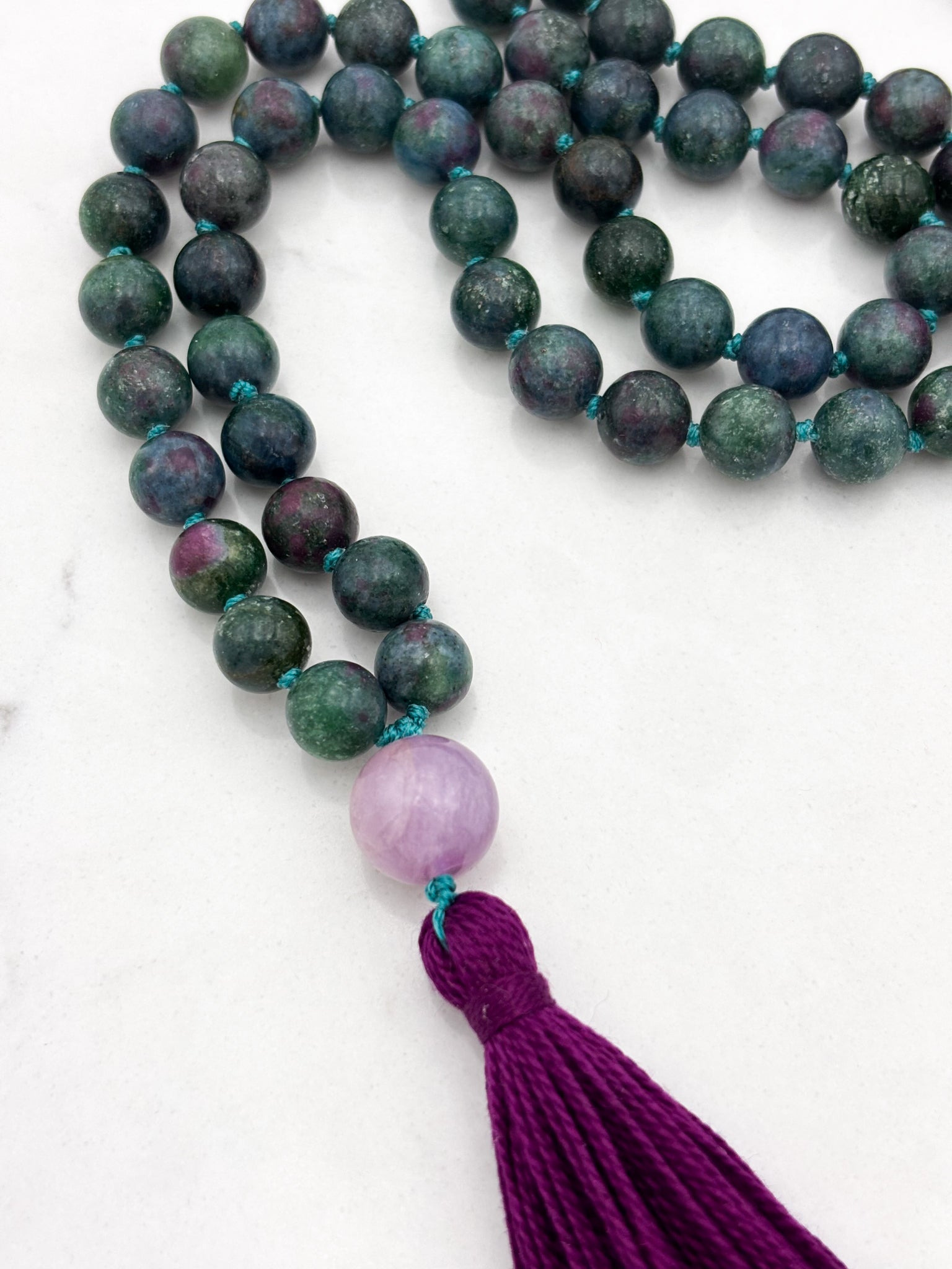 ruby kyanite gemstone mala with kunzite guru bead | radiant malas | handmade in boulder, colorado