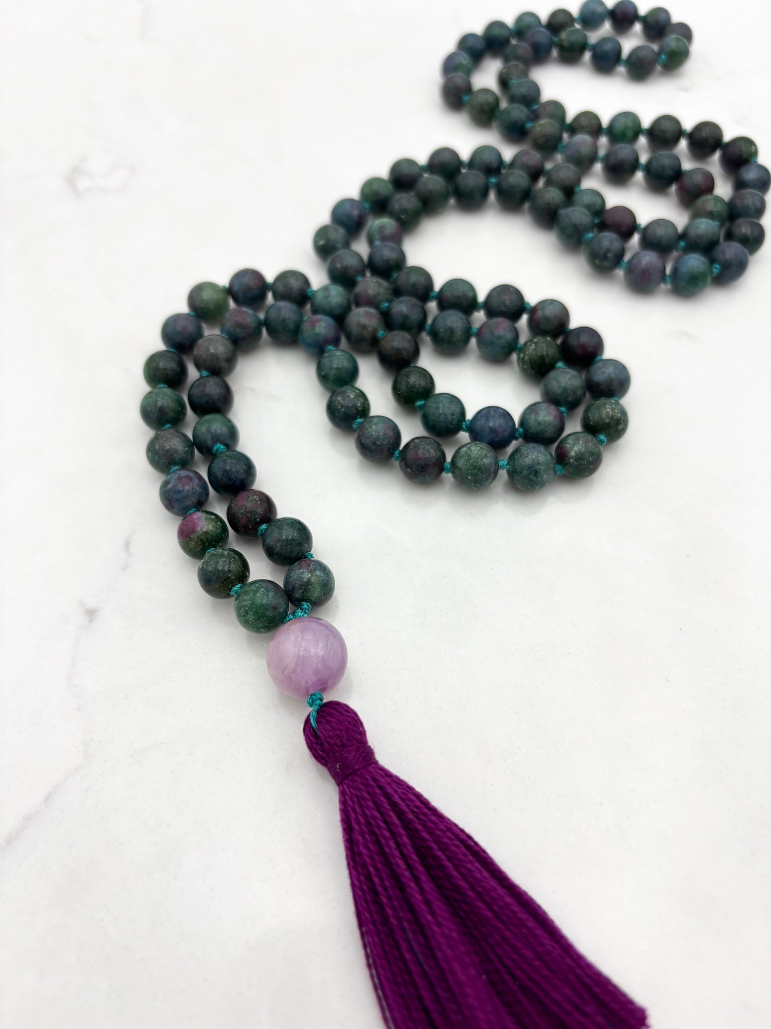 ruby kyanite gemstone mala with kunzite guru bead | radiant malas | handmade in boulder, colorado