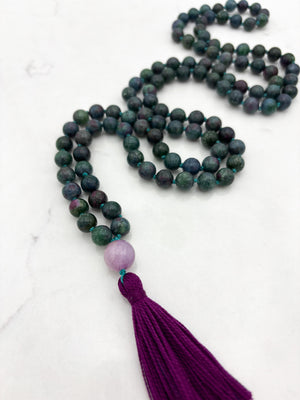 ruby kyanite gemstone mala with kunzite guru bead | radiant malas | handmade in boulder, colorado