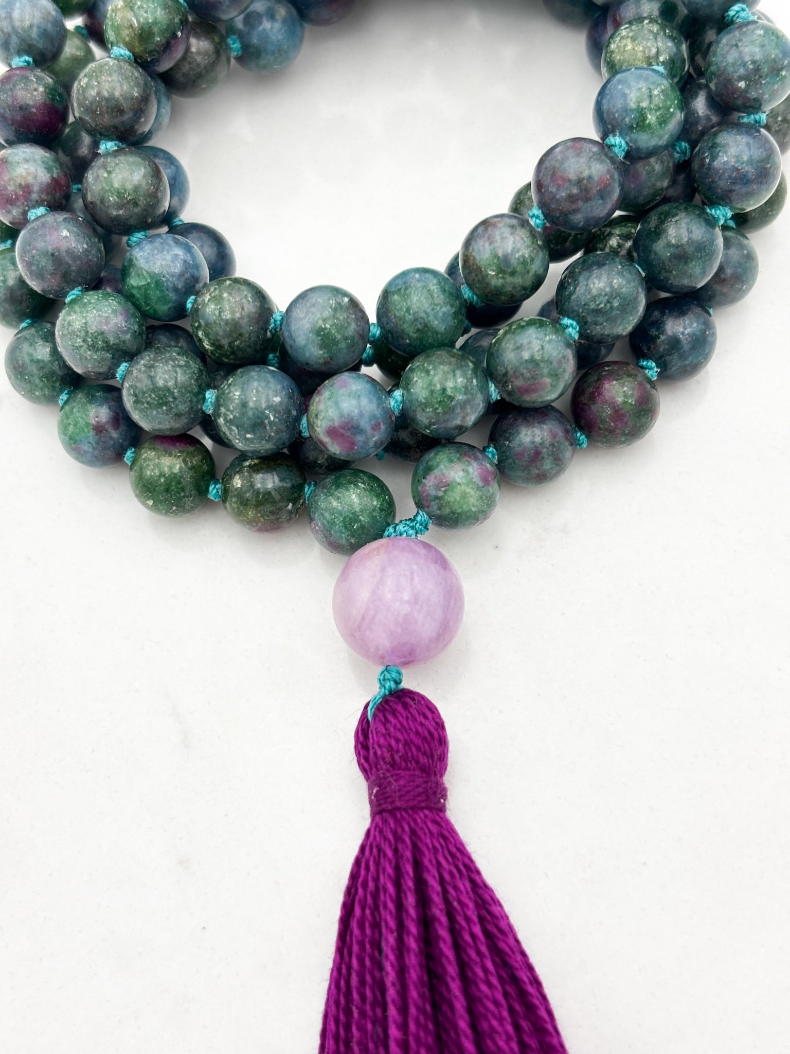 ruby kyanite gemstone mala with kunzite guru bead | radiant malas | handmade in boulder, colorado