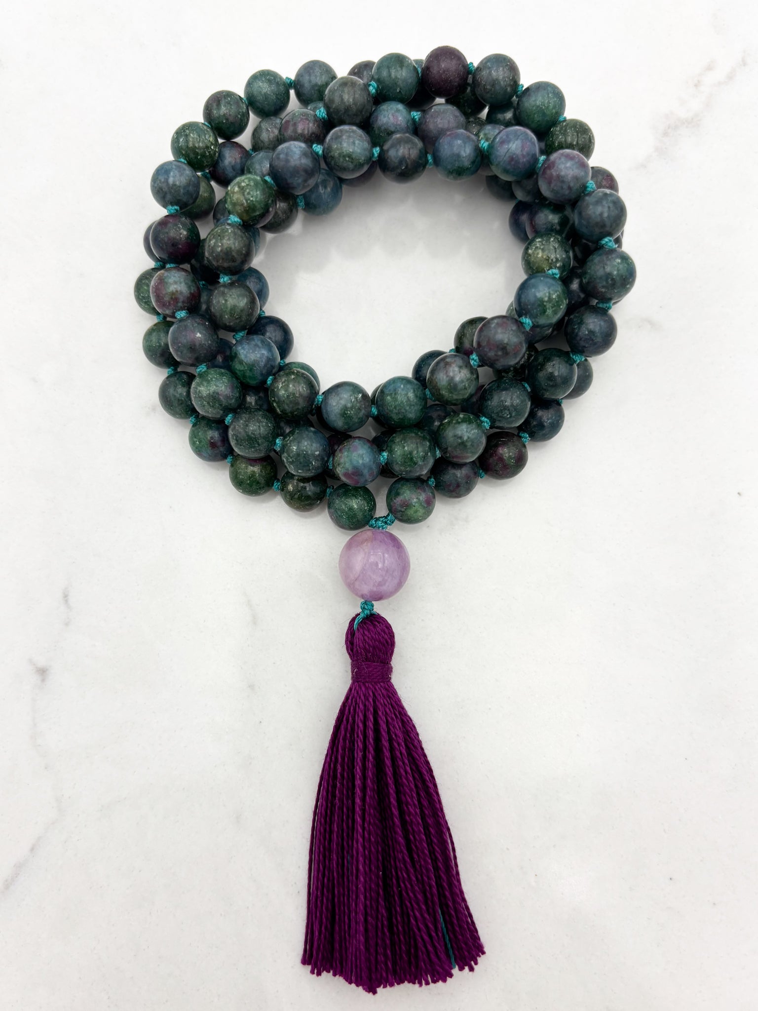 ruby kyanite gemstone mala with kunzite guru bead | radiant malas | handmade in boulder, colorado