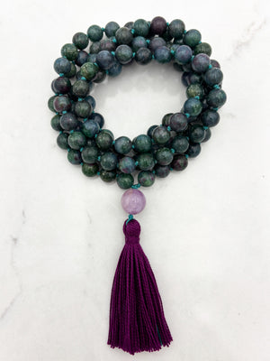 ruby kyanite gemstone mala with kunzite guru bead | radiant malas | handmade in boulder, colorado