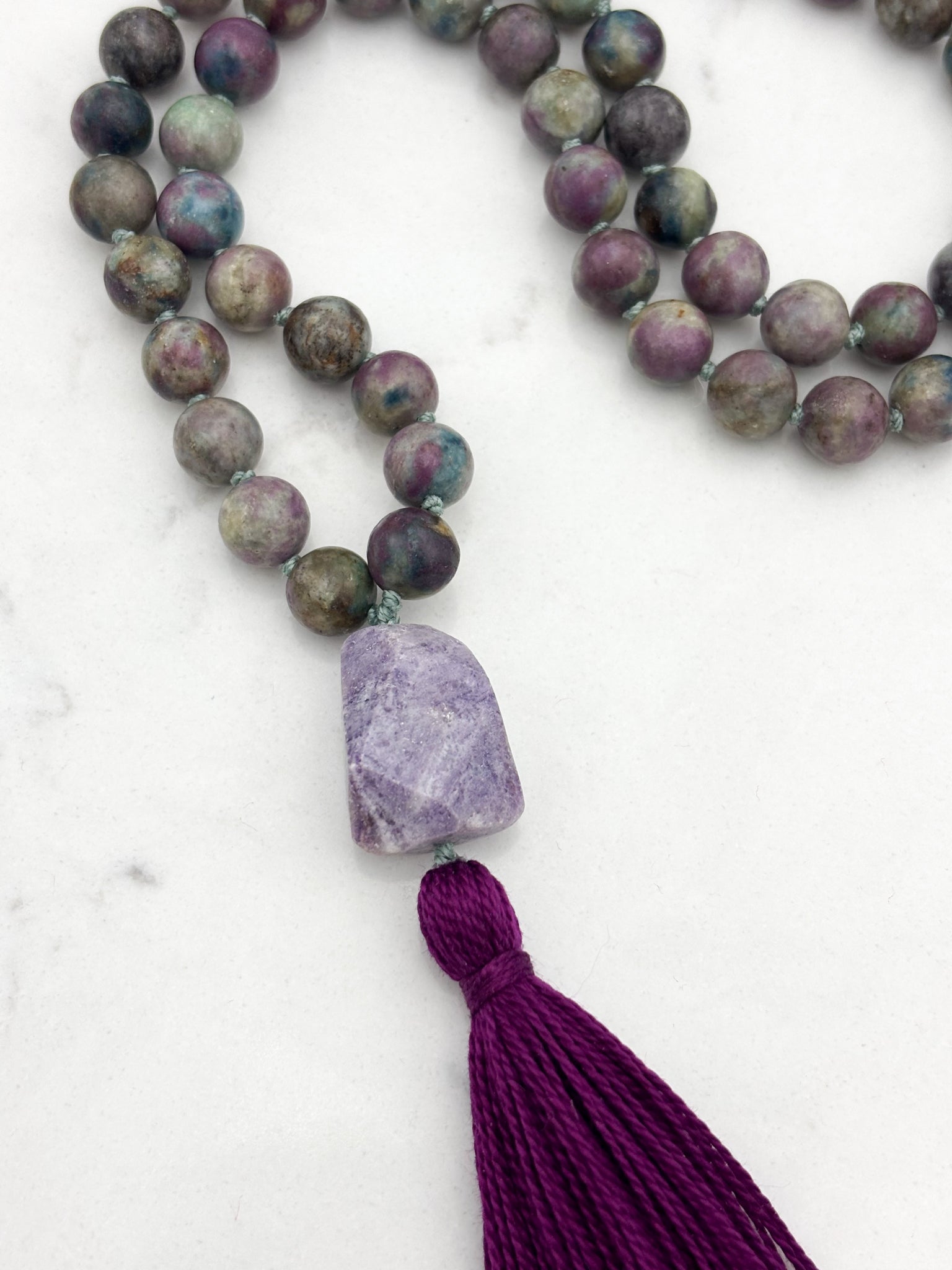 ruby fuchsite gemstone mala with lilac agate guru bead and purple tassel | radiant malas | handmade in boulder, colorado