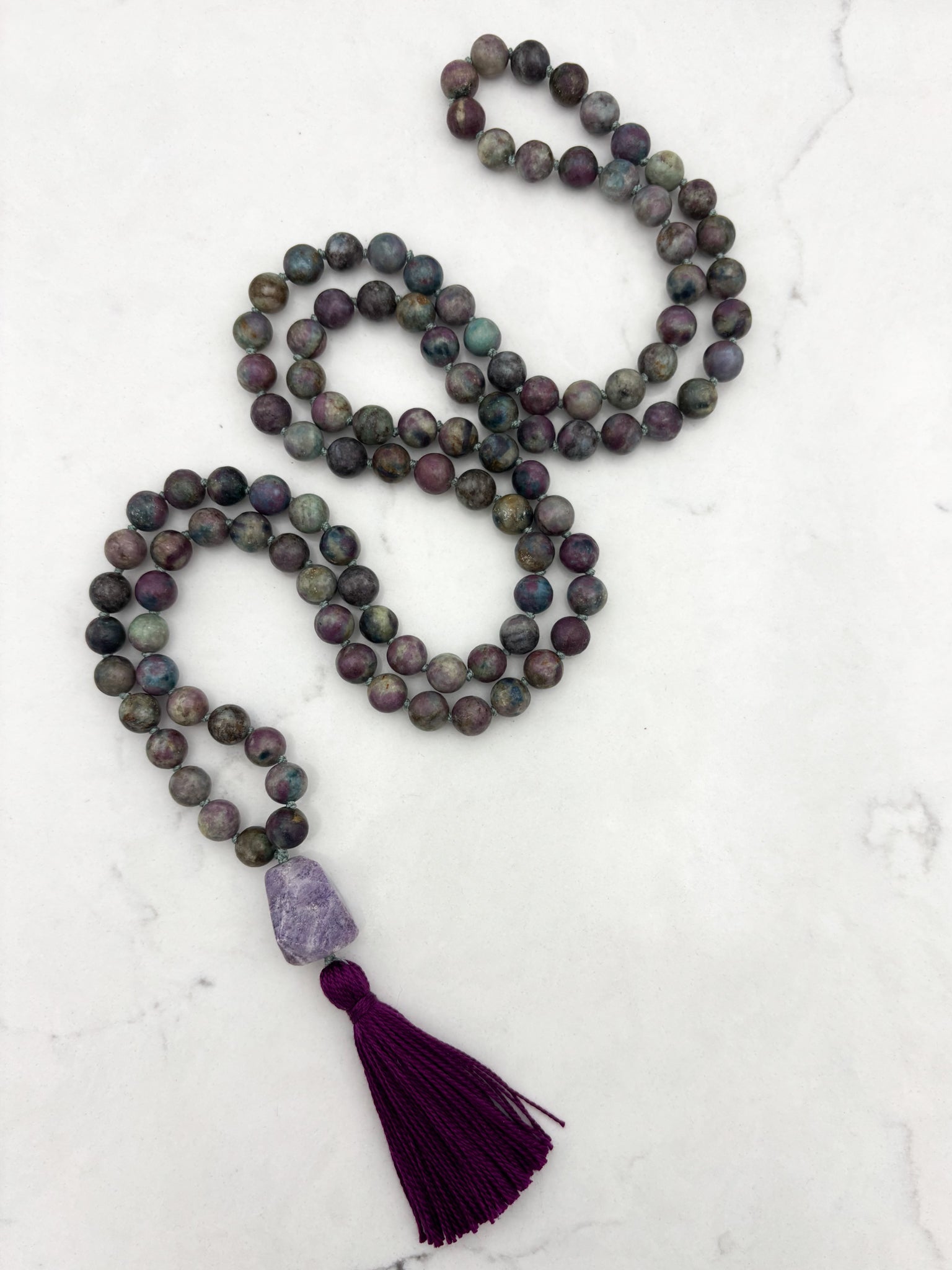 ruby fuchsite gemstone mala with lilac agate guru bead and purple tassel | radiant malas | handmade in boulder, colorado